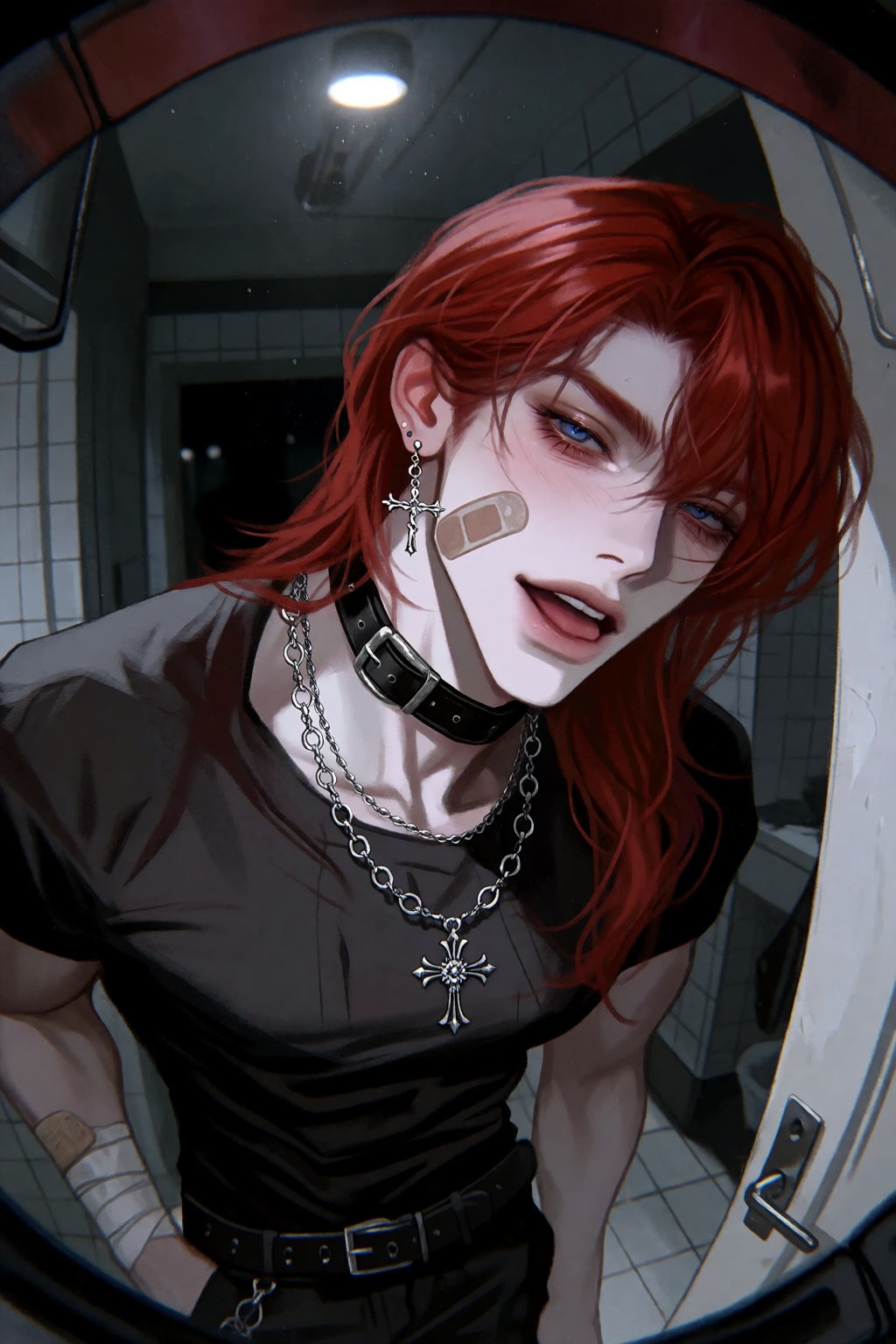 A low-angle medium close-up shot captured through a fisheye convex mirror in a door depicts a smirking red-haired man with...