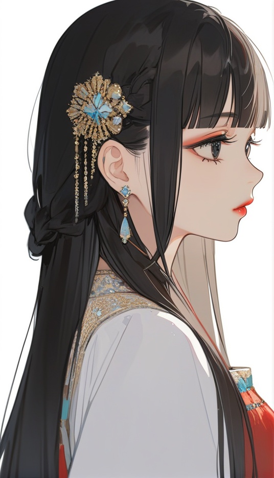 (best quality), ((masterpiece)), (highres), illustration, original, extremely detailed, <lora:Old wind:0.7>licg, 1girl, solo, black hair, long hair, jewelry, white background, earrings, hair ornament, simple background, braid, red lips, bangs, closed mouth, from side, upper body, black eyes, lipstick, blunt bangs, makeup