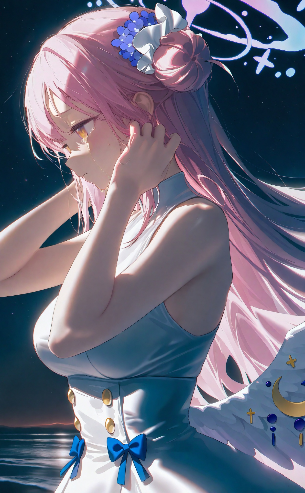 best, 1girl, mika (blue archive), solo, pink hair, halo, wings, dress, white dress, long hair, yellow eyes, low wings, hair bun, white wings, feathered wings, single side bun, sleeveless, pink halo, sleeveless dress, hair ornament, from side, angel wings, hair flower, profile, night, breasts, flower, wing ornament, bare shoulders, night sky, tears, blue bow, scrunchie, adjusting hair, bow, crying, sky, blue flower, very long hair, closed mouth, medium breasts, crescent, bare arms, outdoors, hand up, star (sky), hand in own hair, crying with eyes open, hair scrunchie, looking ahead, upper body, ribbon, single hair bun, looking down, large breasts, starry sky, underbust, ocean, crescent pin<lora:amei3-000040:0.9>