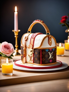 A photorealistic 3D image of a birthday cake made of a Louis Vuitton purse,photographed in a professional studio. The cake is made of fondant and is decorated with intricate details,such as the Louis Vuitton logo,flowers,and ribbons. The cake is placed on a wooden table and is surrounded by candles. The image is well-lit and has a high level of detail. Focal length:50mm,Aperture: f/5.6,ISO:100,Shutter speed:1/200 second,White balance: Daylight,Contrast:100,Brightness:50,Saturation:50,Sharpness:50,
