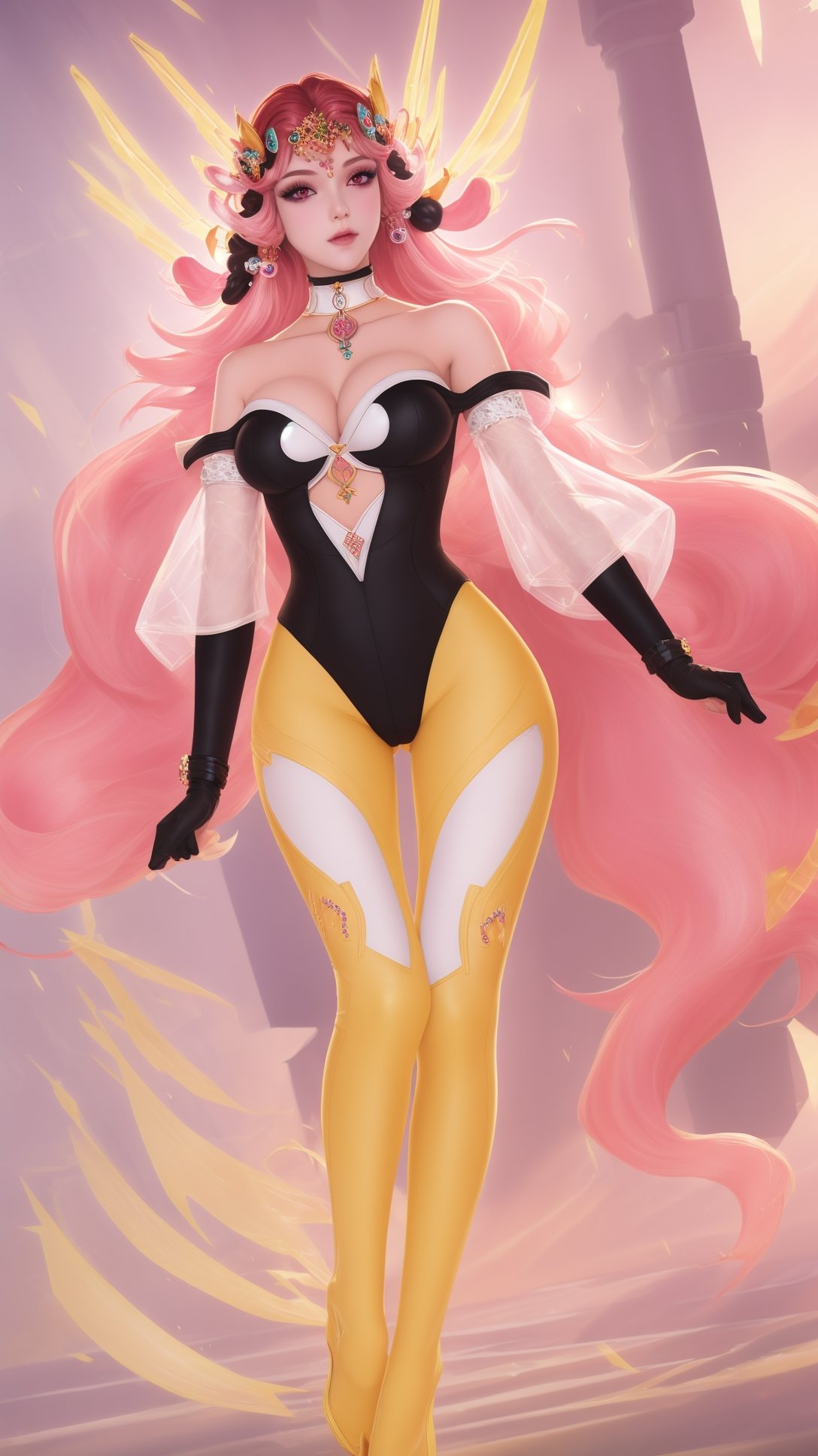 (1girl),smooth chin,masterpiece,detailed face,((hair ornament:1.6)),top quality,4k,make up,best quality,(detached sleeves),(medium breasts),blush,body blush,<lora:王者虞姬无限倾慕_v1.0:0.9>,(full body,long legs),black gloves,full bvody highleg leotard,yellow pants,white see-through sleeves,white mixed black edge clothes,(white bra),pink eyes,bare shoulders,headgear,