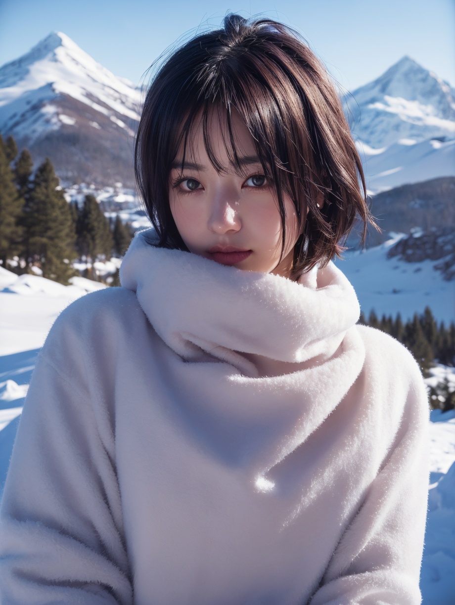 portrait of a woman,fluffy short hair,polaroid,film,graininess,on a snowy mountain,cold,for the camera,Sunny,purple short hair,realistic,(masterpiece, top quality, best quality, official art, beautiful and aesthetic:1.2),