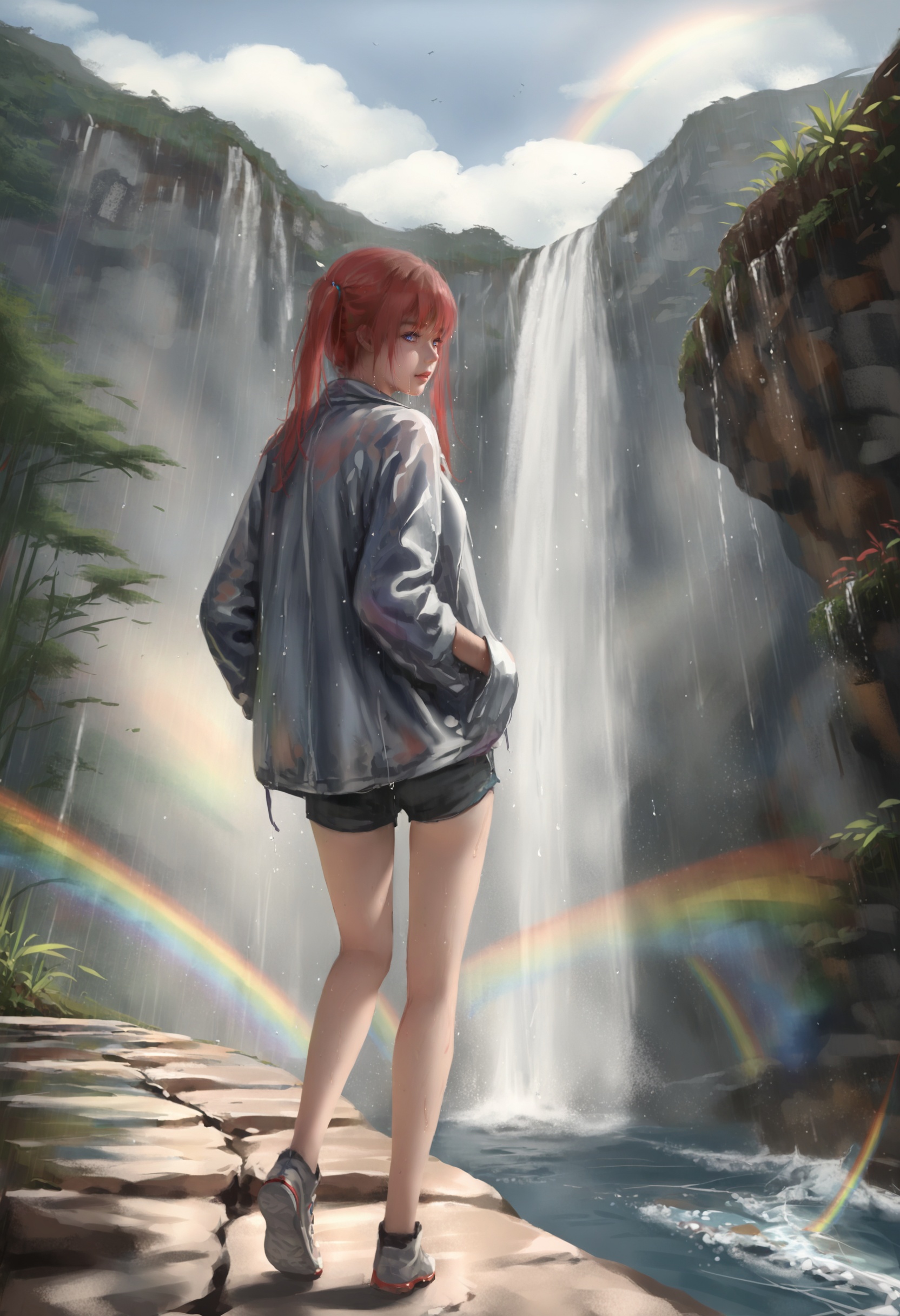 masterpiece, best quality,1girl,   realistic, solo, jacket, red hair, waterfall, rainbow, scenery, sky, cloud, ocean, blue eyes, day, nature, water, twintails, shorts, wet, mountain <lora:wlopXLlokr4f-000187:0.95>
