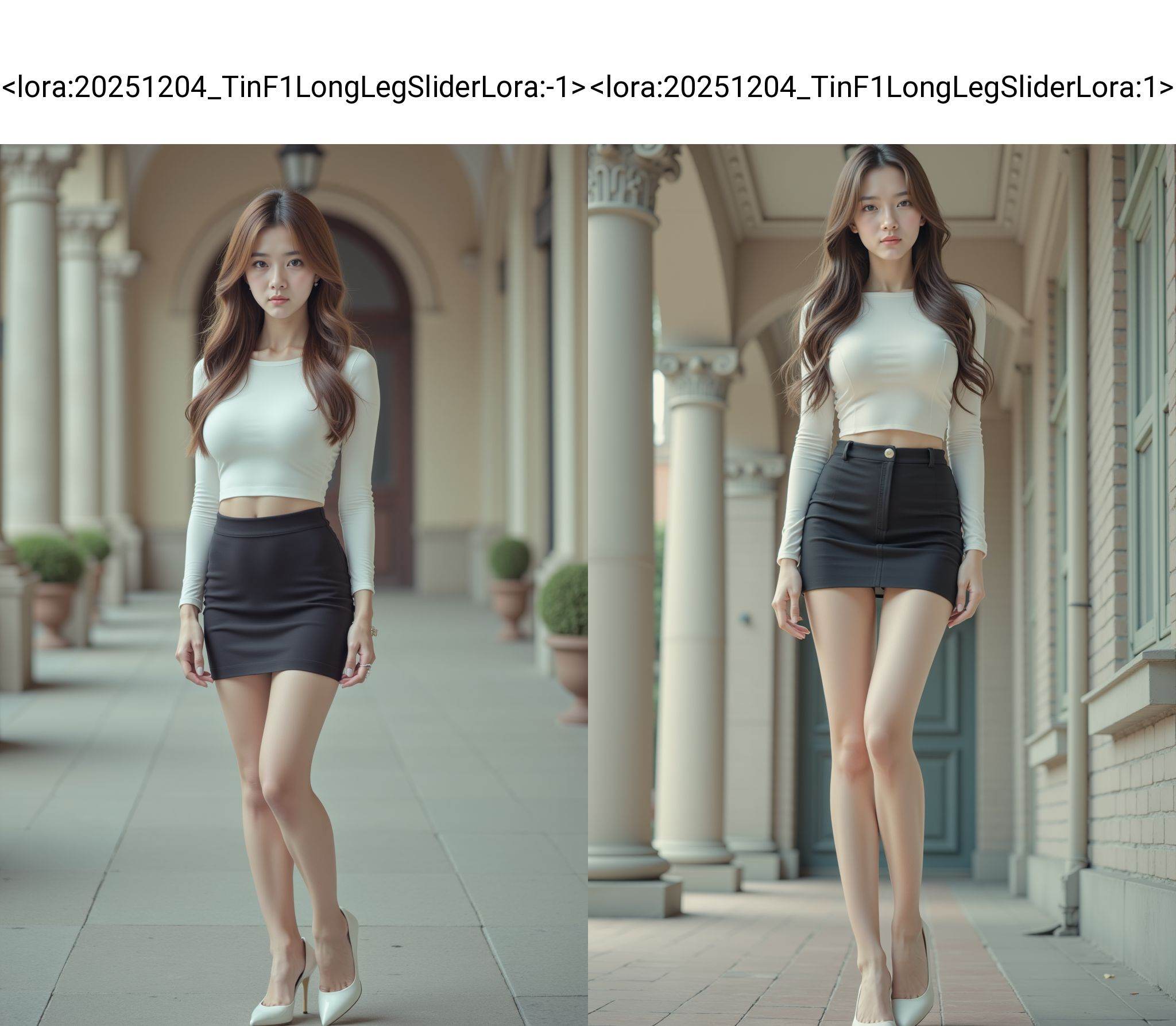 HDR photo of cinematic film still,  A young woman with long brown hair wearing a short white boatneck and black super shor...