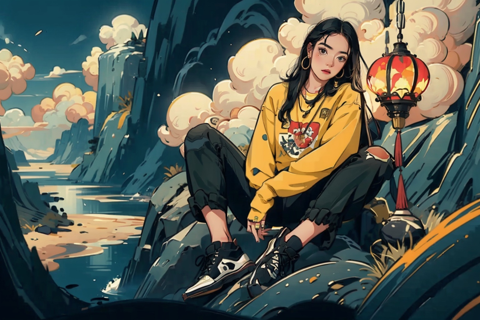 ((masterpiece)), best quality, perfect anatomy,8K wallpaper,mChinaChic, 1girl, solo, black shoes, black hair, yellow print shirt, long hair, necklace, lantern, cloud, looking at viewer,  torn pants, long sleeves,sitting on rock, hoop earrings, wide shot, ring,<lora:mChinaChic_v1:0.8>