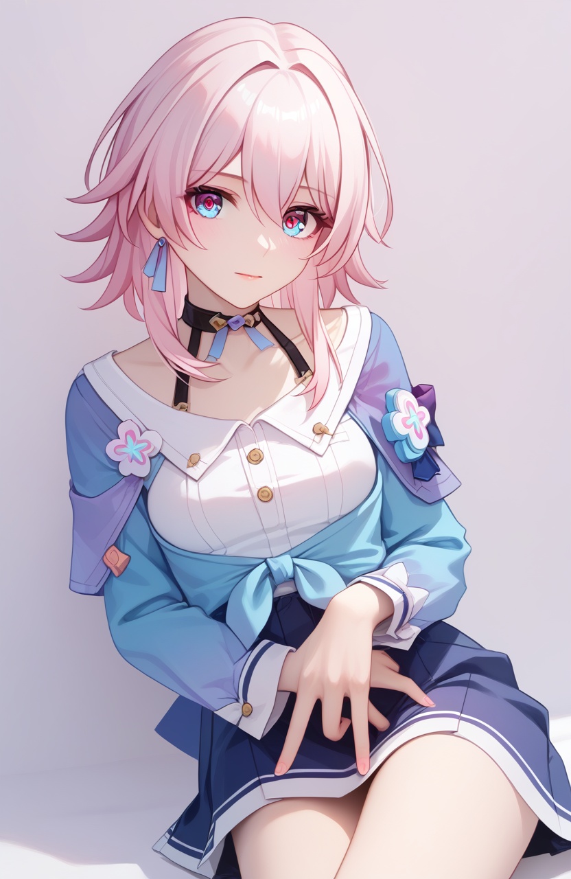 <lora:三月七4pony:1>,march 7th (honkai: star rail),a girl named march 7th (honkai: star rail),1girl,solo,looking at viewer,long sleeves,white shirt,black choker,blue jacket,tied jacket,single earring,flower ornament,blue skirt,black corset,collarbone,detailed eyes,multicolored eyes,, (score_9,score_8_up,score_7_up),(masterpiece,best quality,high quality:1.2),absurdres, 4k, uncensored, prefect lighting, rating_explicit, very aesthetic, anime BREAK