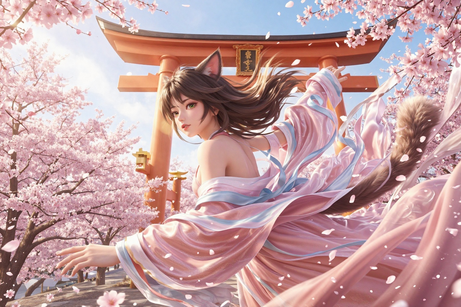 YY Anime style,CG,solo, spirit blossom, masterpiece, highest quality, detailed, lazypos, side view, Golden hour, back light, close upBREAKMika(mizuOC), Mika(mizuOC) hair, Mika(mizuOC) tail, small breasts, green eyes, cat ears, spirit blossom clothes, looking at viewer, dynamic poseBREAKjapanese temple, sakura trees, cherry blossom trees, petals, torii gate