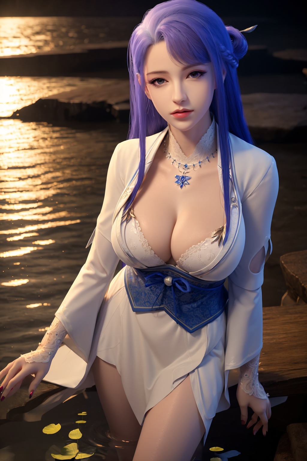 standing,dress,chinese clothes,flower,full_moon,moon,night,lily_pad,lotus,moonlight,nipples,water,night_sky,lily_\(flower\),sky,partially_submerged,1girl,solo,hair ornament,realistic,nail polish,photo_\(medium\),(big breasts, cleavage),makeup,(8k, RAW photo, best quality, masterpiece:1.2),(realistic, photorealistic:1.3),ultra-detailed,extremely detailed cg 8k wallpaper,(crystalstexture skin:1.2),extremely delicate and beautiful,(sexy pose:1.2),chinese dress,
