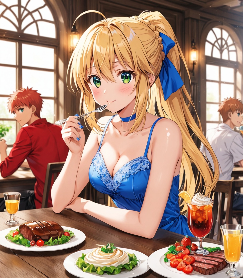 O,artoria pendragon (fate), saber, breasts, 1girl, emiya shirou, food, blonde hair, holding, plate, ahoge, cleavage, ribbon, smile, hair ribbon, indoors, choker, bare shoulders, collarbone, blue ribbon, green eyes, long hair, bangs, medium breasts, multiple boys, blush, table, sleeveless, closed mouth, see-through, shiny, bare arms, underwear, upper body, shirt, fork, spaghetti strap, braid, 2boys, cup, window, shiny hair, blue choker, brown hair, sitting, sidelocks, salad, bra, holding plate, ponytail, hair between eyes, drinking glass, eating, dress, solo focus, meat, white shirt, holding fork, french braid, spoon, jewelry