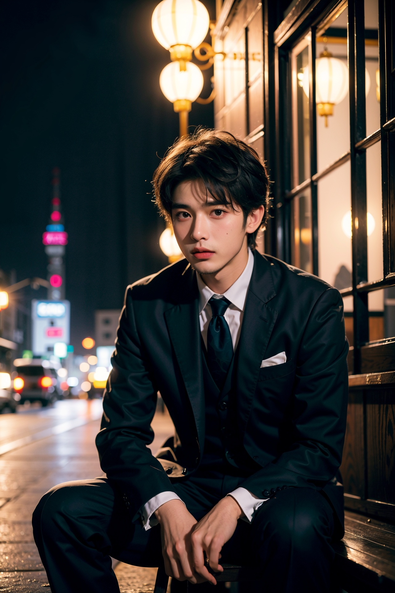 (Best Quality,Masterpiece,Ultra High Resolution,detailed face,beautiful and aesthetic:1.2),(Mottled silhouettes:1.3),black suit,1boy\(31-years-old, Chinese and korean mixed\),The wind ruffled his hair,crisp suit,handsome young ***** manly man,sit on the steps,charming night view of shanghai,exaggerated,Charming night view,small street restaurant,