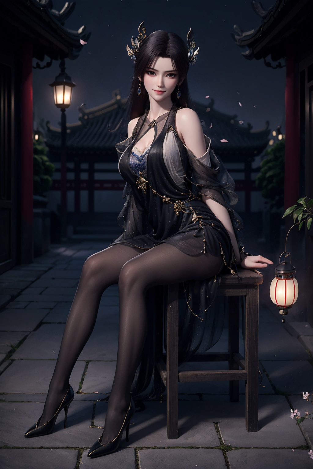 caoying,(full body),1girl,solo,light smile,closed mouth,(hair ornament:1.2),(earrings),jewelry,(huge breasts),halterneck,(dress:1.3),(black pantyhose:1.3),(black stiletto heels:1.2),sitting on wooden stool,(looking at viewer),outdoors,((night:1.3)),(china building:1.3,china courtyard,lantern:1.3),(cherry blossoms:1.2),depth of field,Highly detailed,(best quality:1.5,masterpiece:1.5),<lora:caoying-000010:0.9>,<lora:服装增减:-0.5>,