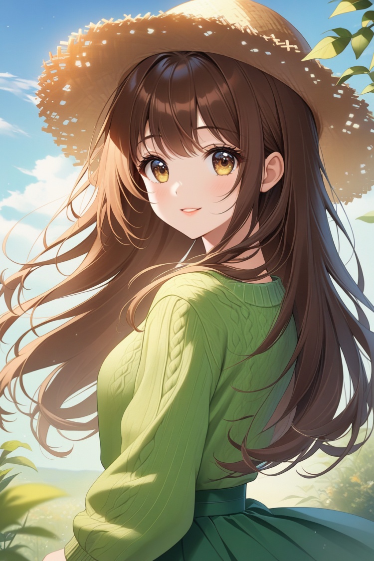 A beautiful and lovely little girl with long hair, highest image quality, exquisite picture, Tyndall effect, big eyes, long eyelashes, green sweater skirt, (with straw hat on head) (with straw hat on head), perfect facial features, clear face, delicate lips, smile, clean and beautiful background, gentle light, red mainly, simplified:: brown hair