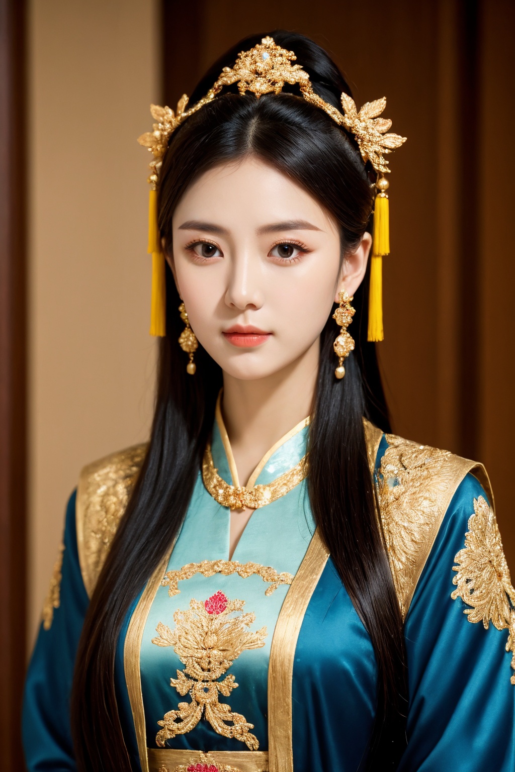 1girl, solo, jewelry, earrings, long hair, upper body, black hair, hair ornament, chinese clothes, realistic,