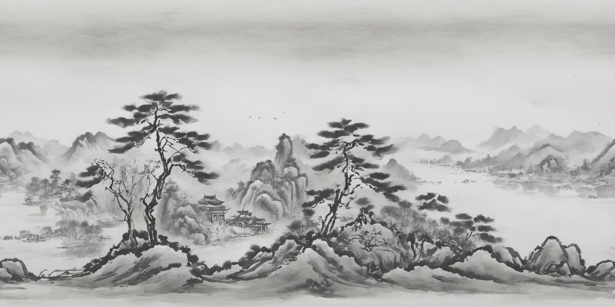 360panorama,<lora:山水-000001:1.2>,(sphere panorama:1.5),<lora:HMSG360全景XL-V1.0:0.8>,Chinese landscape,ink wash painting,monochrome,spherical panorama,white margins top and bottom,tranquil traditional scenery,serene mountains and rivers,classical pavilions,misty atmosphere,ink on rice paper effect,digital ink,subtle ink gradations,ultra-high resolution,pure natural beauty,ancient charm,360-degree panoramic view,harmonious natural elements,without modern elements,