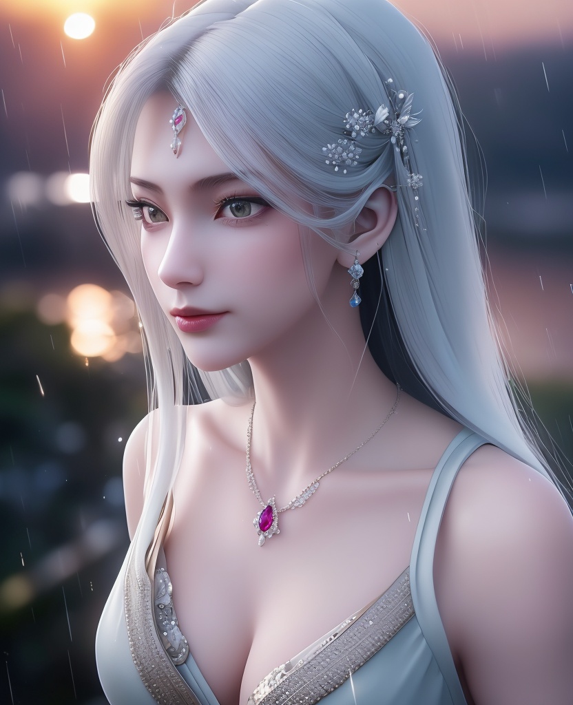 <lora:654-DA-诛仙-小白:0.8>(,1girl, ,best quality, ),looking at viewer,  ,,ultra detailed 8k cg, ultra detailed background ,ultra realistic 8k cg,          cinematic lighting, cinematic bloom, (( , )),,  , unreal, science fiction,  luxury, jewelry, diamond, pearl, gem, sapphire, ruby, emerald, intricate detail, delicate pattern, charming, alluring, seductive, erotic, enchanting, hair ornament, necklace, earrings, bracelet, armlet,halo,masterpiece, (( , )),, realistic,science fiction,mole,   ,cherry blossoms,,(((Best quality, masterpiece, ultra high res, (photorealistic:1.4), raw photo, 1girl, ,rain, , sunlight, sunset, qianqiu wanxia,     )))  (cleavage), (),