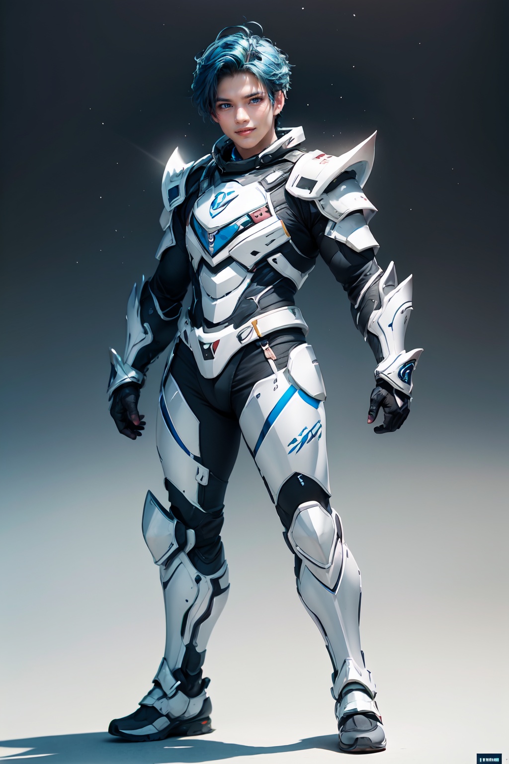 standing,all from head to toe into the lens,full_shot,atai,1boy,armour,smile,<lora:索泰_机甲V1.0-000006>,simple_background,white_background,panorama,