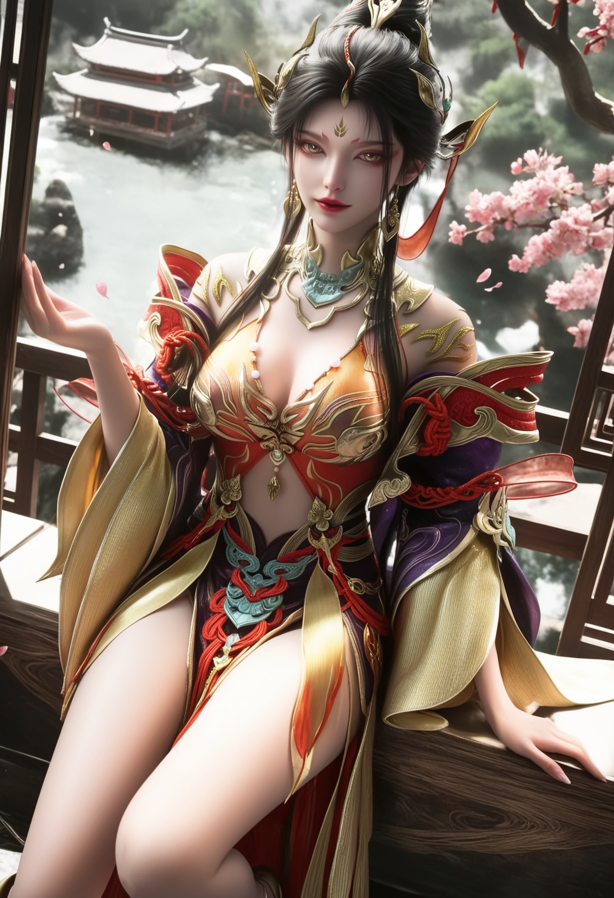 masterpiece,best quality,amazing quality,very aesthetic,high resolution,ultra-detailed,absurdres,scenery,photorealistic,(looking at viewer:1.1),(moody lighting:1.1),peach blossom,falling petals,large breasts,nangongjin,1girl,solo,black hair,jewelry,forehead mark,earrings,hair ornament,long hair,red lips,makeup,dress,necklace,yellow eyes,hair bun,lips,eyeshadow,tassel,high heels BREAK photorealistic details,<lora:QQSillnangongjinV1:0.8>,