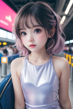 rich colors,(upper body:1.2),high gloss,extremely beautiful skin,natural skin texture,(pale skin, real_skin),(Milky skin:1.2),(shiny skin:1.4),cinematic light,fantasy,highres,highest quallity,Short pink and white hair held,eyes with light,model pose,Stiletto Boots,professional lighting,large aperturing,atmosphere,candid shots,neon lighting,hologram dress with blue and purple fabric,transparent/translucent medium,photorealistic,(airport:1.2),(child:1.6),(little girl:1.7),(cute kid:1.5),(8yo:1.5),