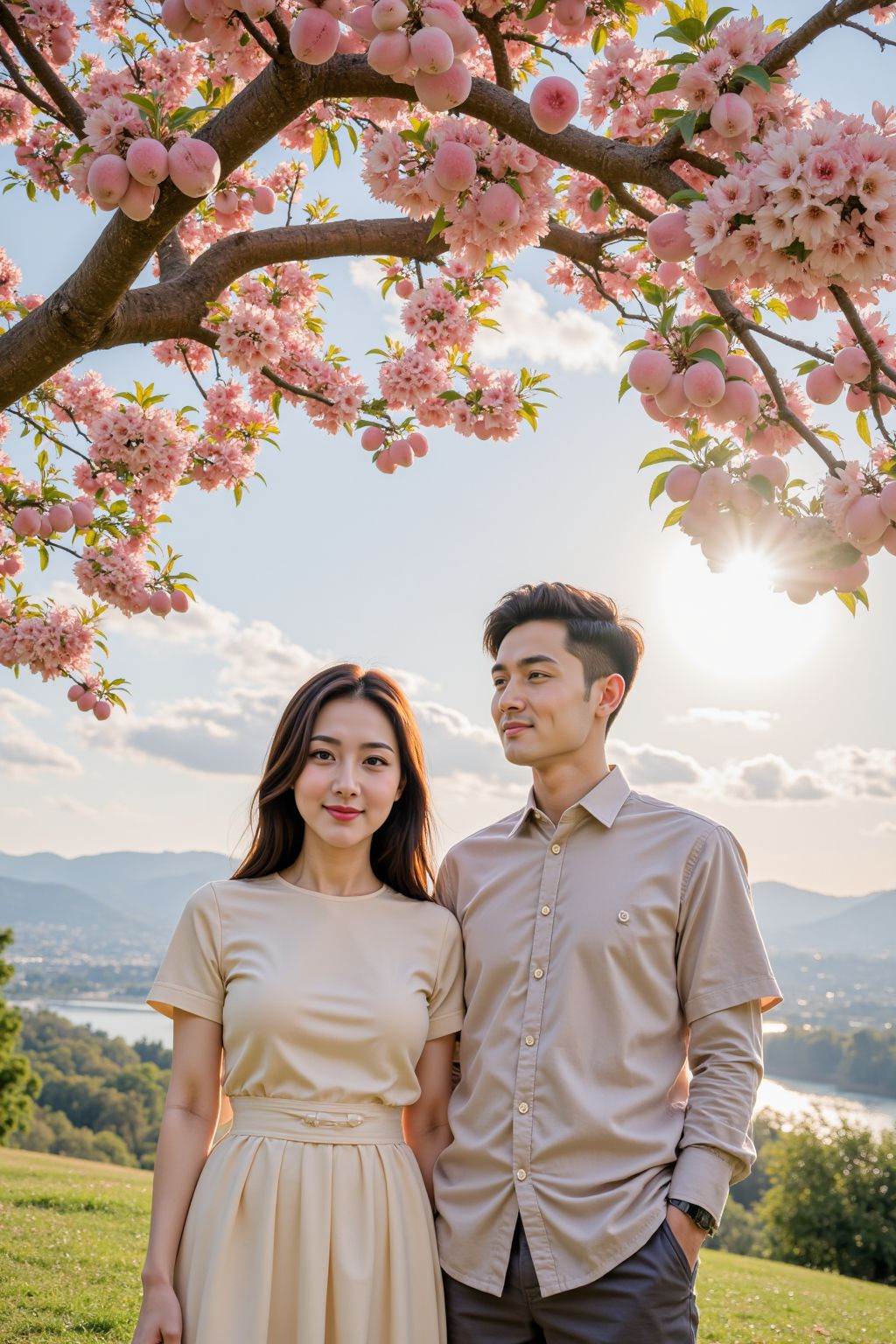 The photo shows two Chinese lovers standing side by side beneath a peach tree. The tree is in full bloom,bearing many large peaches. The woman on the left wears a light-colored,short-sleeved dress with a belt around her waist; the man on the right wears a light-colored button-down shirt and dark pants. Both stand on a grassy field,with mountains and a river in the background and the sun and some clouds in the sky.,