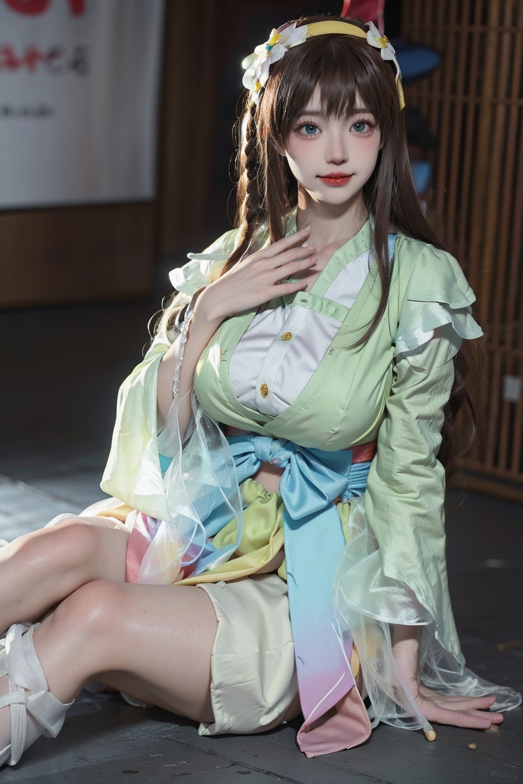 Best quality, masterpiece, ultra high res, (photorealistic:1.4), raw photo,a girl,thigh，masterpiece, ( huge evil)，best quality, highres, videl2, solo,skirt, bangs, blue eyes, long hair, hair ornament, 1girl, bangs, lips, long_hair, long_sleeves, skirt, smile, solo, tassel, traditional_media, white_hair, wide_sleeves, <lora:娜可露露婉莹_2023-07-07_010332:0.9> <lora:daz:0.4> (Supergiant huge breasts:1.3),1girl, black_eyes, black_hair, blurry, blurry_background, blurry_foreground, braid, brown_hair, closed_mouth, depth_of_field, holding, lips, long_hair, motion_blur, nose, photo_\(medium\), pikachu, pokemon_\(creature\), shirt, solo, white_shirt