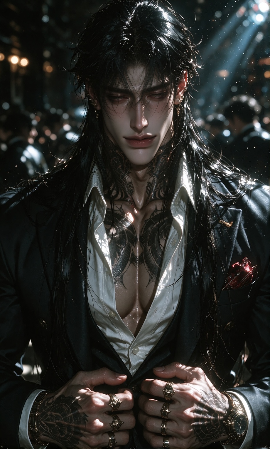 A dark-skinned stern male with very long straight slick jet black hair,  half closed eyes wearing eyeliner,  and a serene...