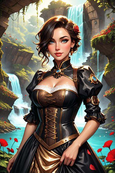 upper body closeup, A waterfall overgrown with thorned vines and blooming mushrooms, a woman covered in petals and ash leans against the rock, one eye covered in gold foil, dress soaked and clinging like a second skin.,detailed background, intricate, Steampunk,Excellently written, Monumental narrative,