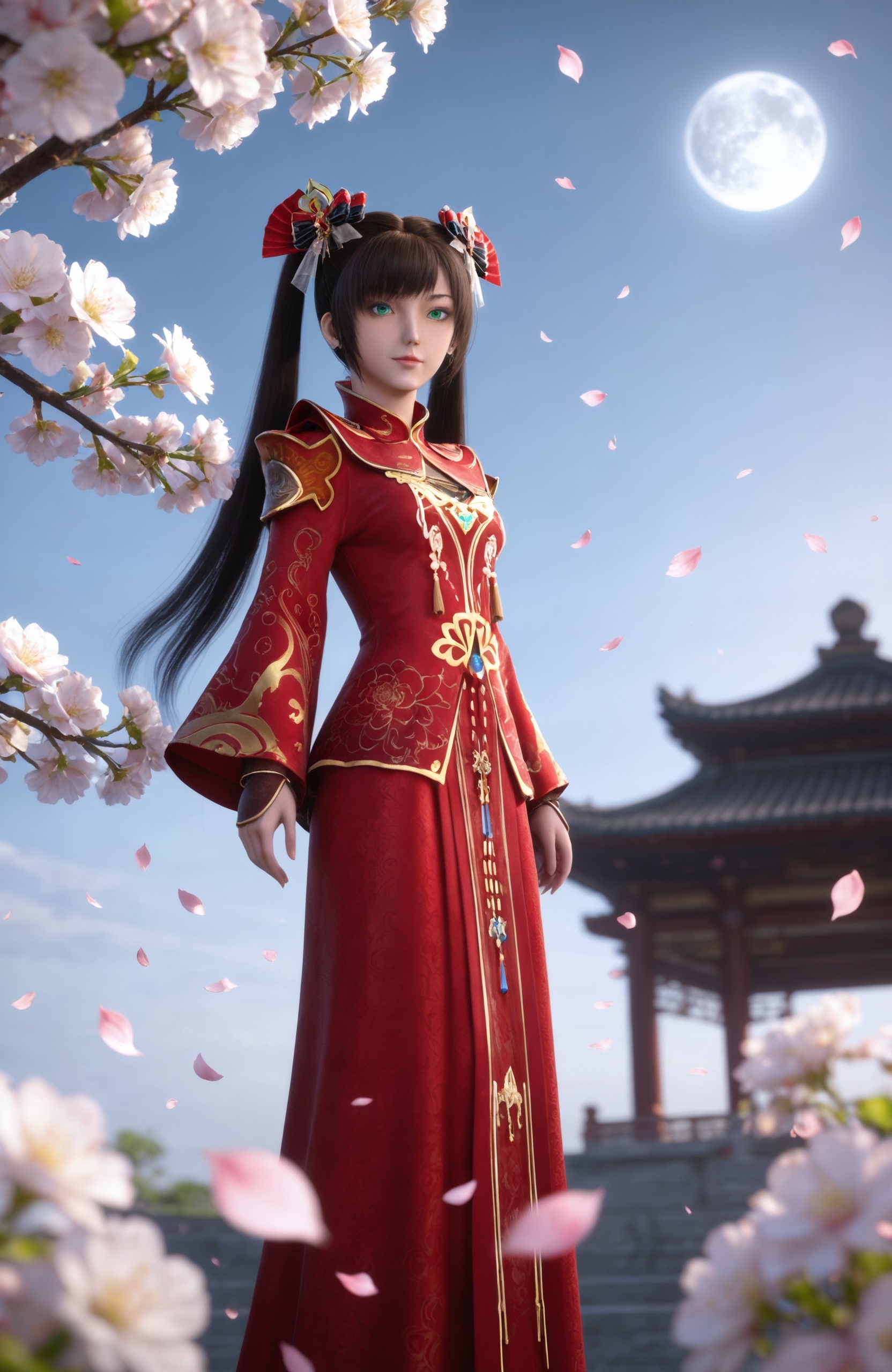 <lora:神墓1-楚钰-婚服pony:0.7> 1girl, black hair, twintails, hair ornament, jewelry, green eyes, china dress, red dress, long hair, wide sleeves, red footwear, masterpiece,best quality,amazing quality,very aesthetic,high resolution,ultra-detailed,absurdres,scenery,photorealistic,looking at viewer,moody lighting,realistic,photorealistic details,, masterpiece,best quality,solo,1girl,upper body,petals,looking at viewer,moon,branch,cherry blossoms,flower,extreme aesthetic,(quasarcake:0.7),masterpiece,best quality,good quality,newest,very aesthetic,absurdres,A shot with tension,(Visual impact,giving the poster a dynamic and visually striking appearance:1.2),impactful picture,offcial art,colorful,splash of color,movie perspective,, realistic style,white background,upper body,looking at viewer,dynamic posture,