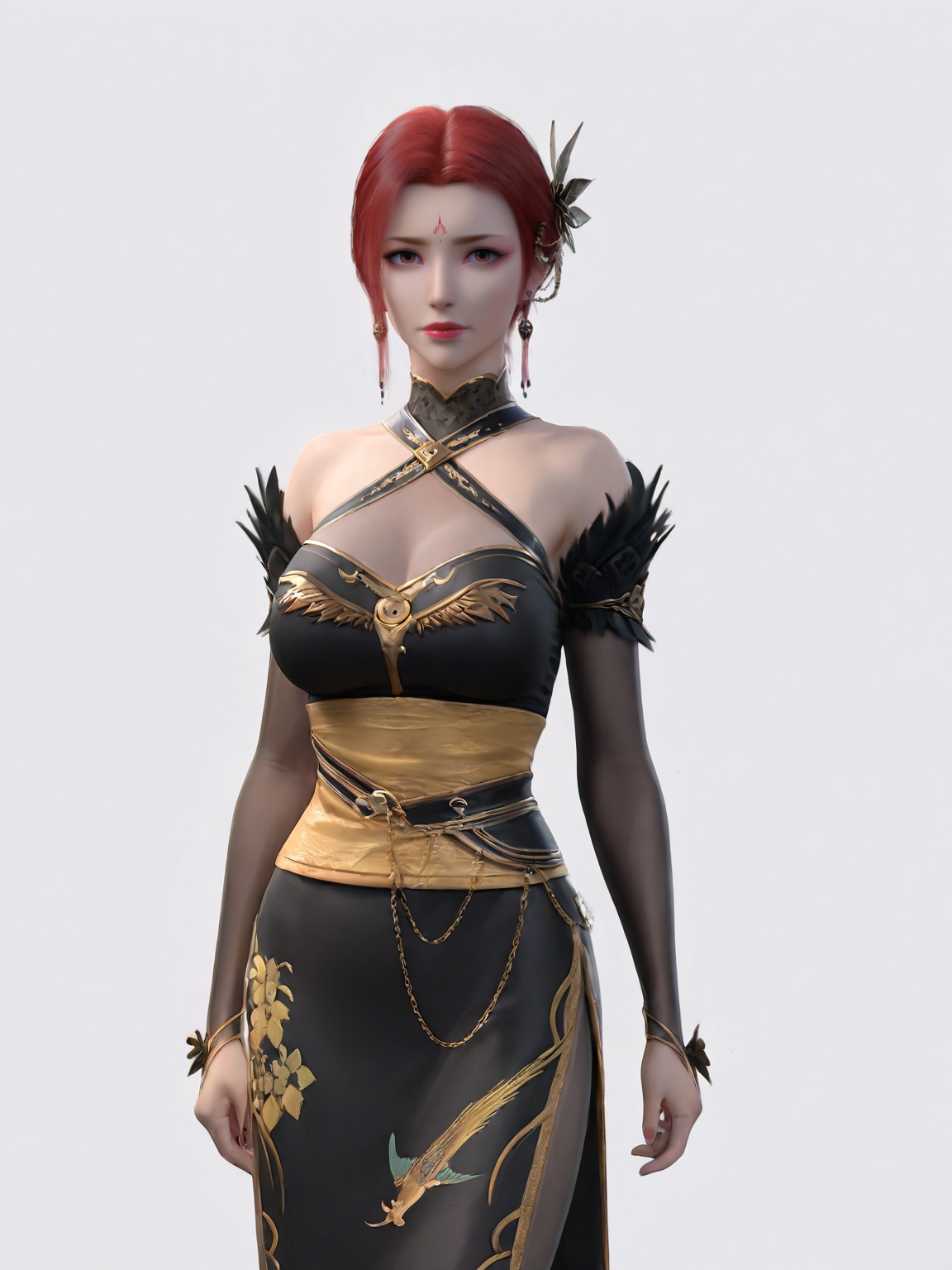 (perfect_anatomy:1.1),(looking_at_viewer:1.1),(realistic:1.3),<lora:SF_YaFei_OL20-000003:0.8>,1girl,solo,standing,red hair,jewelry,earrings,dress,hair ornament,bare shoulders,large breasts,  forehead mark,low bun,pantyhose,black dress,simple background,white background,cowboy shot,