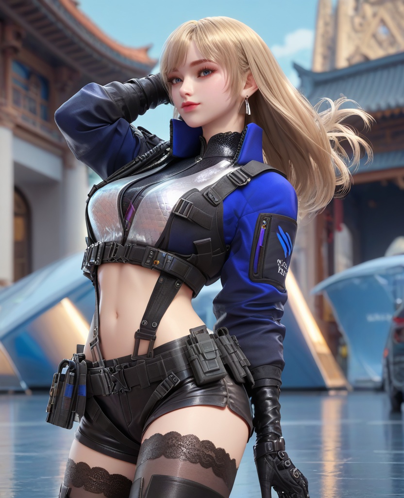 (oriental architecture, elegant decor, sophisticated style:1.1),(diving:1.1),(breasts:1.2),<lora:XL16穿越火线岚兮儿保卫者:0.95>,miss lanxier,blue cropped jacket with tactical reflective patches,blue eyes,blonde hair,long hair,earrings,suspenders,black gloves,black shorts,midriff,black thighhighs,black thigh boots,, score_9,score_8_up,score_7_up,score_6_up,score_5_up,score_4_up,3d rendering,tag1,tag2, Cinematic Lighting,backlighting,, zPDXL3, zPDXL2,zPDXL, zPDXLxxx, zPDXLrl,