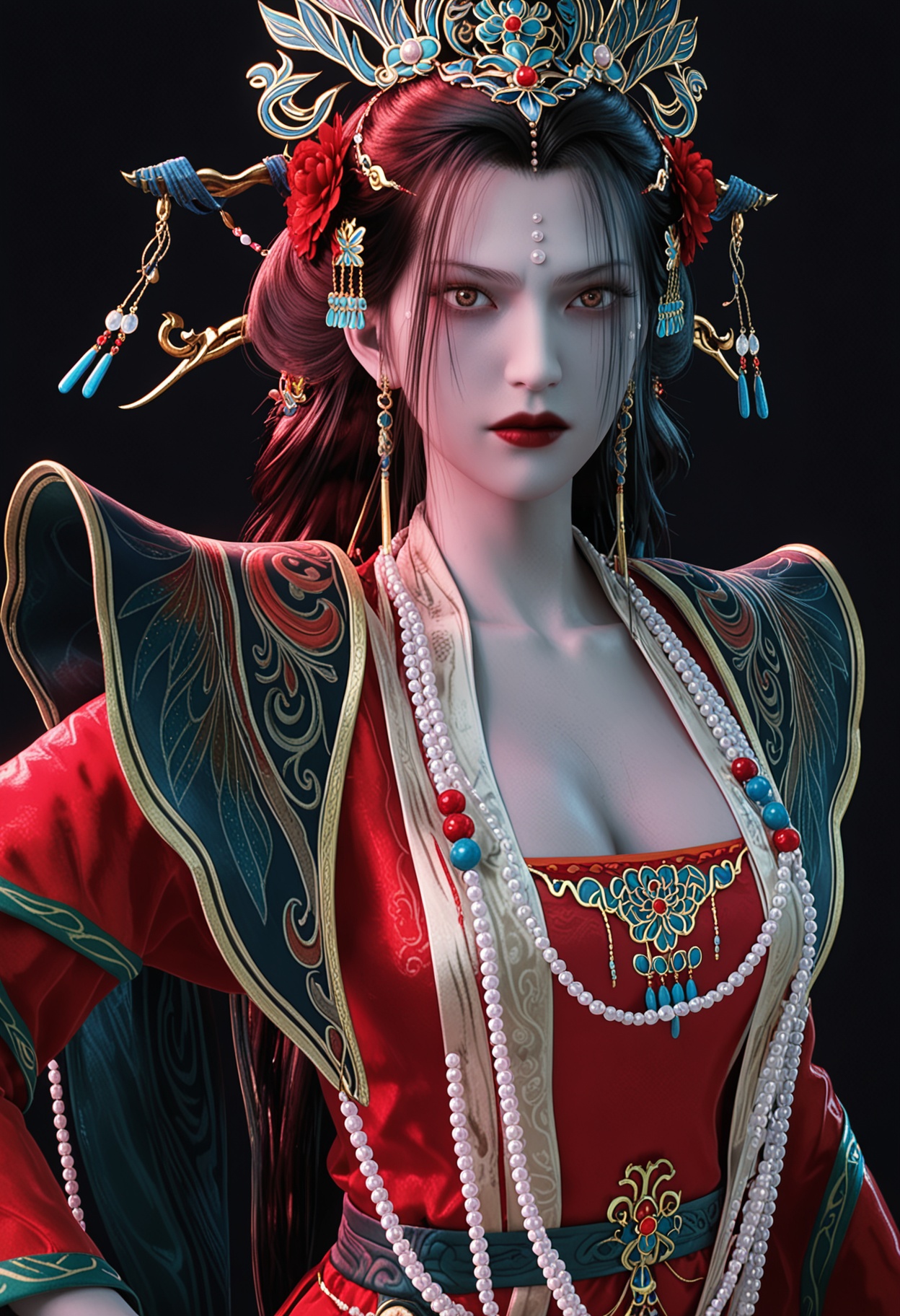 score_9,looking_at_viewer,large breasts,chufuren,1girl,solo,hair ornament,jewelry,black hair,long hair,beads,earrings,forehead mark,necklace,red lips,chinese clothes,facial mark,hair flower,dress,bead necklace,red dress,makeup,brown eyes,realistic,lipstick,shoes,(simple background,pure black background,black background:1.1),perfect_anatomy,<lora:QQSponychufurenV1:0.8>,