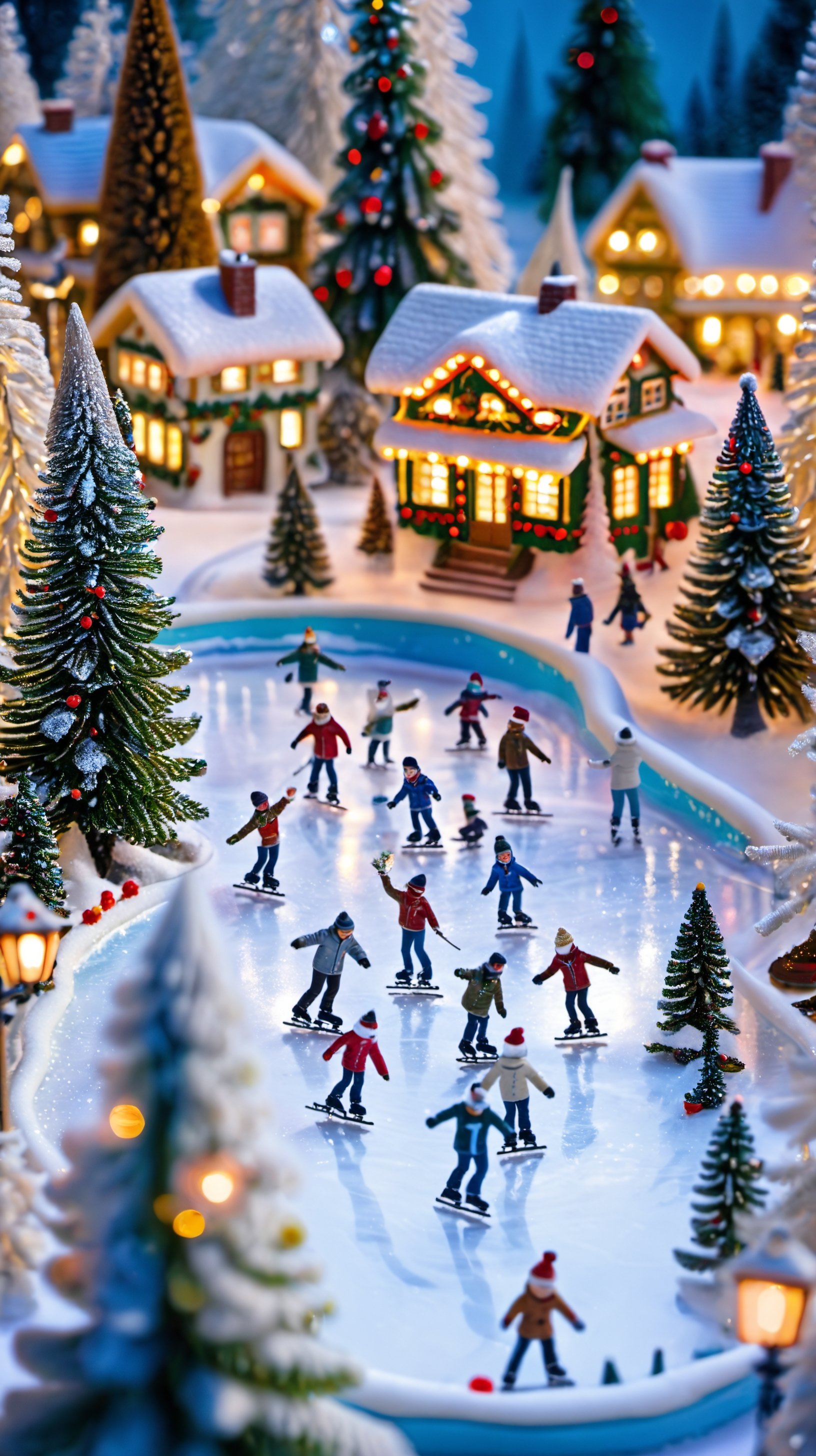 <lora:鼻涕泡_微缩王国_V1.0:0.9>,highly detailed,ultra-high resolutions,32K UHD,best quality,masterpiece,tao,chi,christmas tree,snow,christmas,outdoors,blurry,multiple boys,hat,tree,The image showcases a miniature winter wonderland with people ice-skating on a frozen pond surrounded by snow-covered trees and houses,all illuminated by warm lights.,