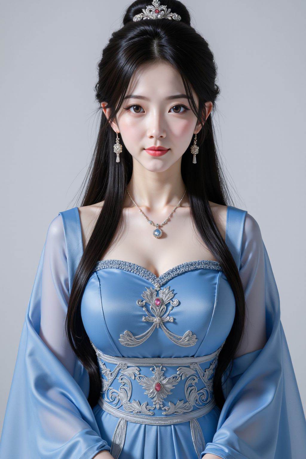 1girl, solo, long hair, breasts, looking at viewer, black hair, hair ornament, dress, jewelry, upper body, earrings, hair bun, blue dress, chinese clothes, single hair bun, realistic
