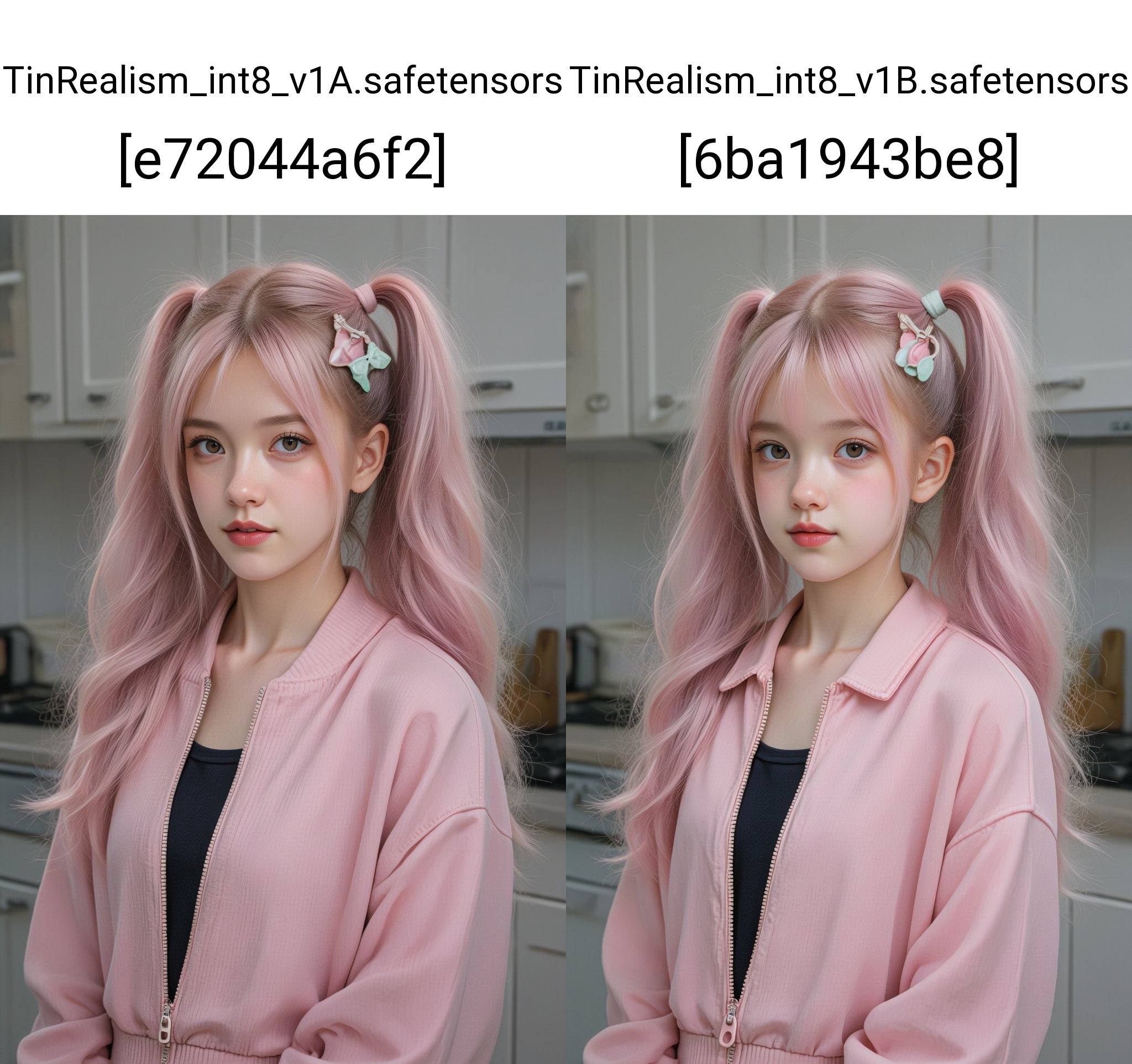 This is a high-resolution photograph of a young Asian woman with a fair complexion and long,  wavy,  pastel pink hair styl...