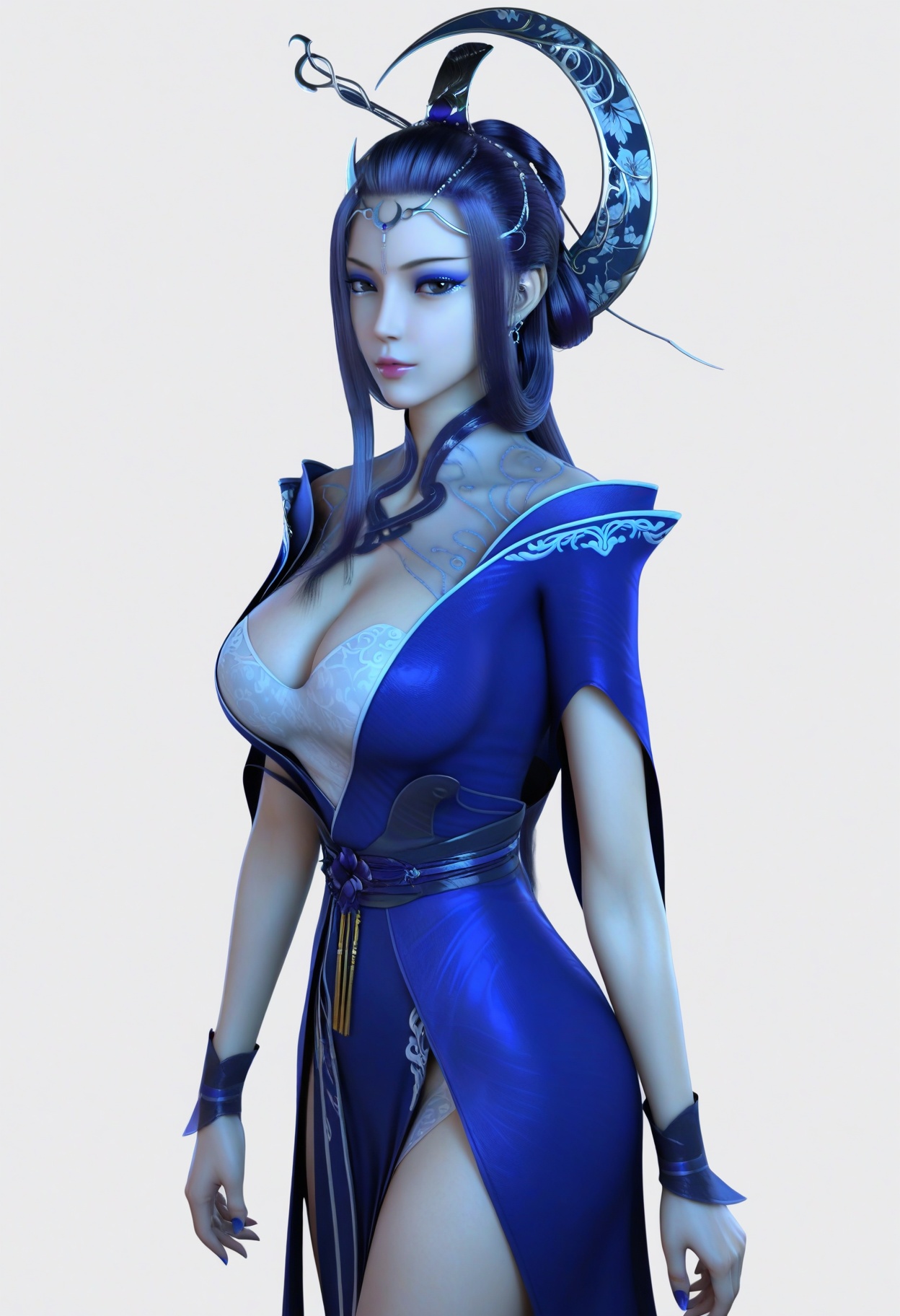 score_9,<lora:SF_YueJi_Pony_Realism2.3-000004:0.7>,hair ornament,long hair,dress,standing,1girl,breasts,large breasts,hair ornament,hair rings,blue dress,solo,eyeshadow,lips,looking at viewer,white background,simple background,