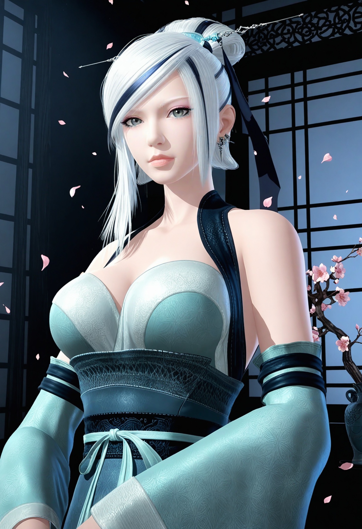(looking at viewer:1.1),upper body,(Dark room:1.3),(moody lighting:1.1),peach blossom,falling petals,(large breasts:0.8),xiaomeng,1girl,solo,white hair,hair ornament,bare shoulders,grey eyes,lips,single hair bun,dress,earrings,cleavage,jewelry,detached sleeves,streaked hair,hair stick,makeup,wide sleeves,high_heels BREAK masterpiece,(best quality),(intricate details:0.9),(realistic skin:1.2),<lora:QQSillxiaomengV1:0.8>,