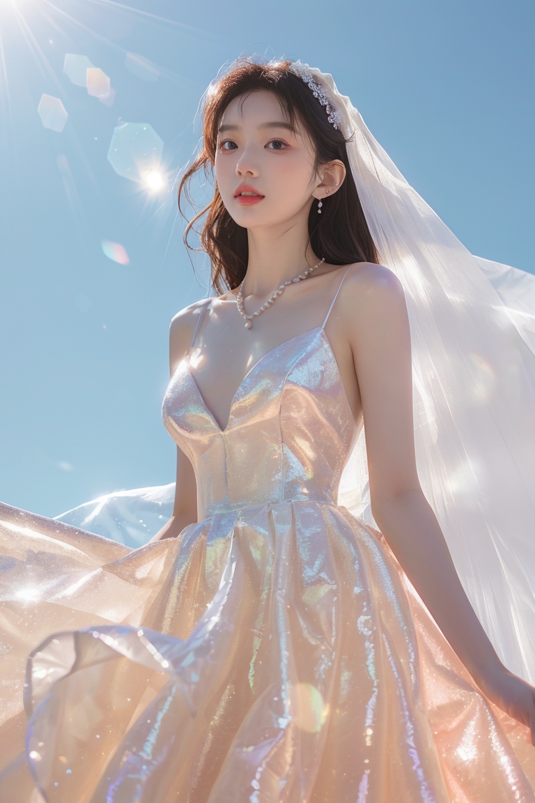 (masterpiece:1.3),(best quality:1.3),(photorealistic:1.4),see-through,midriff,pantyhose,(large breasts:1.2),yaosi,(street:1.4),(ultra detailed:1.3),unity 8k wallpaper,realistic,1girl,beautiful,smile,Big eyes more details,hair in the back of the head,a pearl necklace around the neck,(wedding dress:1.4),bright color,standing on the lawn,blue sky,floret,white clouds,soft light,early summer at seven in the morning,Jewelry,necklace,(8k, RAW photo, best quality, masterpiece:1.2),(realistic, photo-realistic),professional lighting,photon mapping,radiosity,Extreme Light and Shadow, <lora:YG彩虹糖纱婚纱:1>,