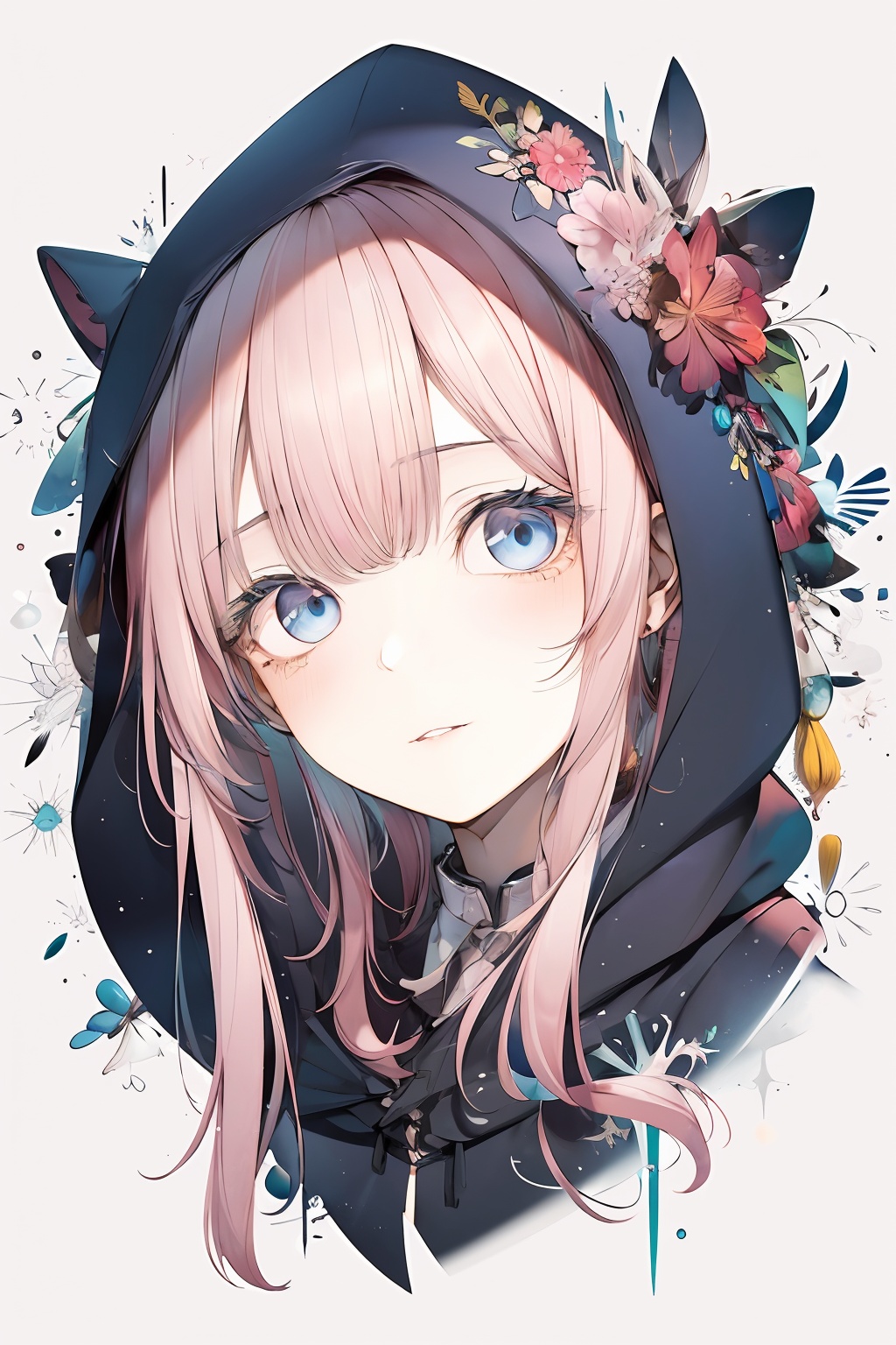 1girl,looking at viewer,bangs,blue eyes,simple background,upper body,pink hair,parted lips,virtual youtuber,hood,abstract,<lora:lbc_Girly_v2.0-000006:0.8>,