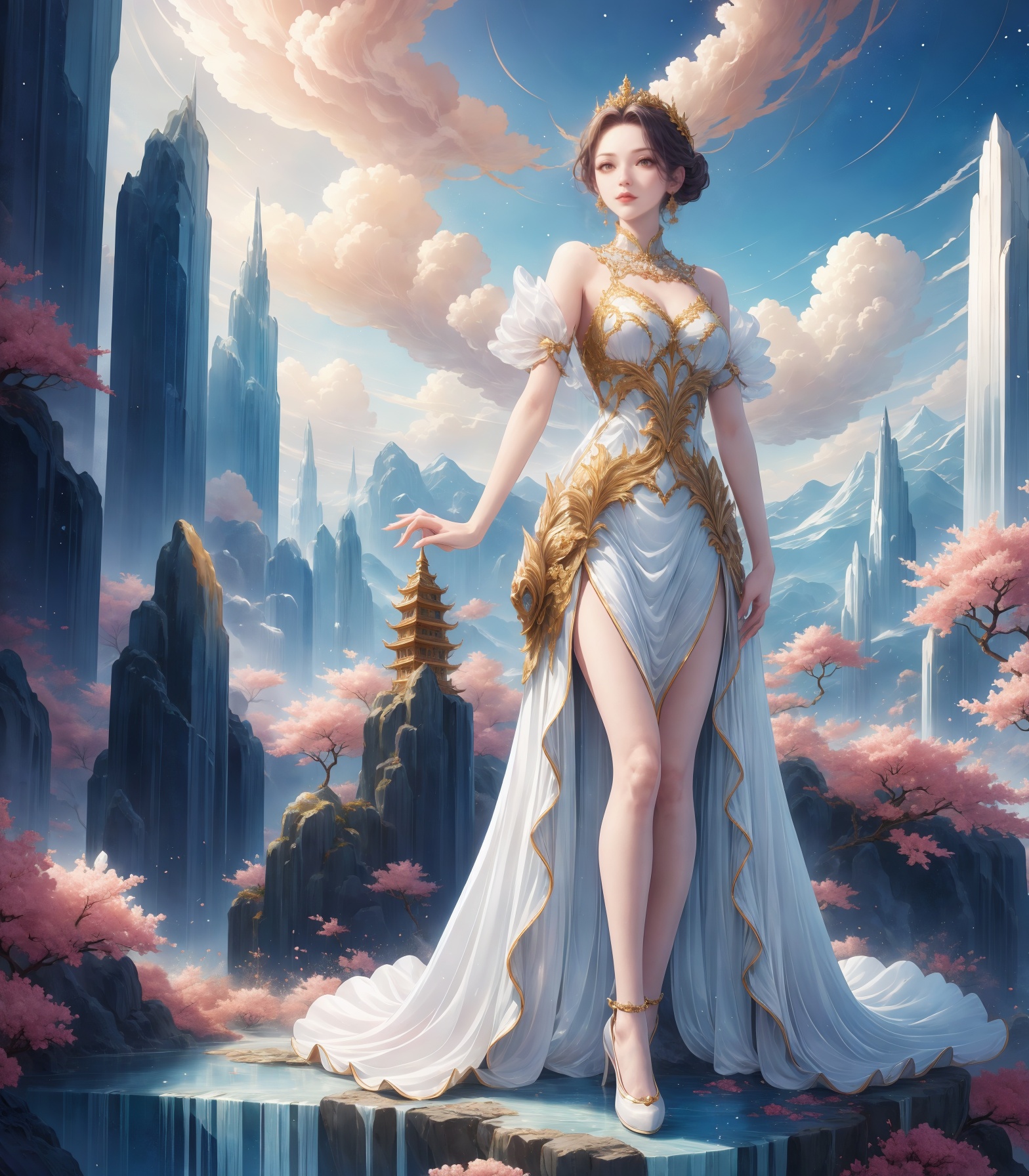 Fantasy Palace,<lora:20240412-1712929802470:0.45>,(1girl),white dress,elegant full-body stance,