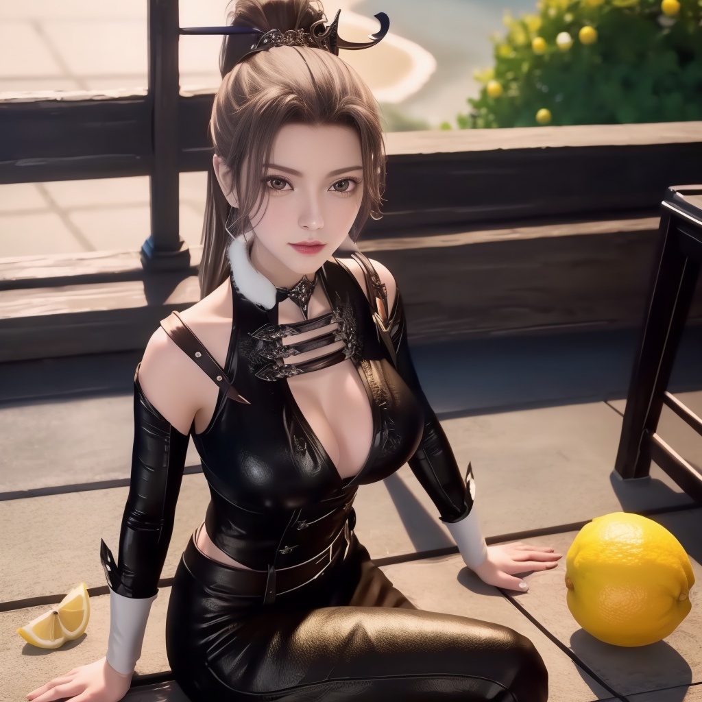 <lora:万界至尊-李雪衣-皮衣:0.8>, (,1girl, ,best quality, ),looking at viewer,  ,ultra realistic 8k cg, ,masterpiece, (( , )),,  fiction,mole, ,      , lemon blossoms,  (cleavage),,  (), ,,(sit),