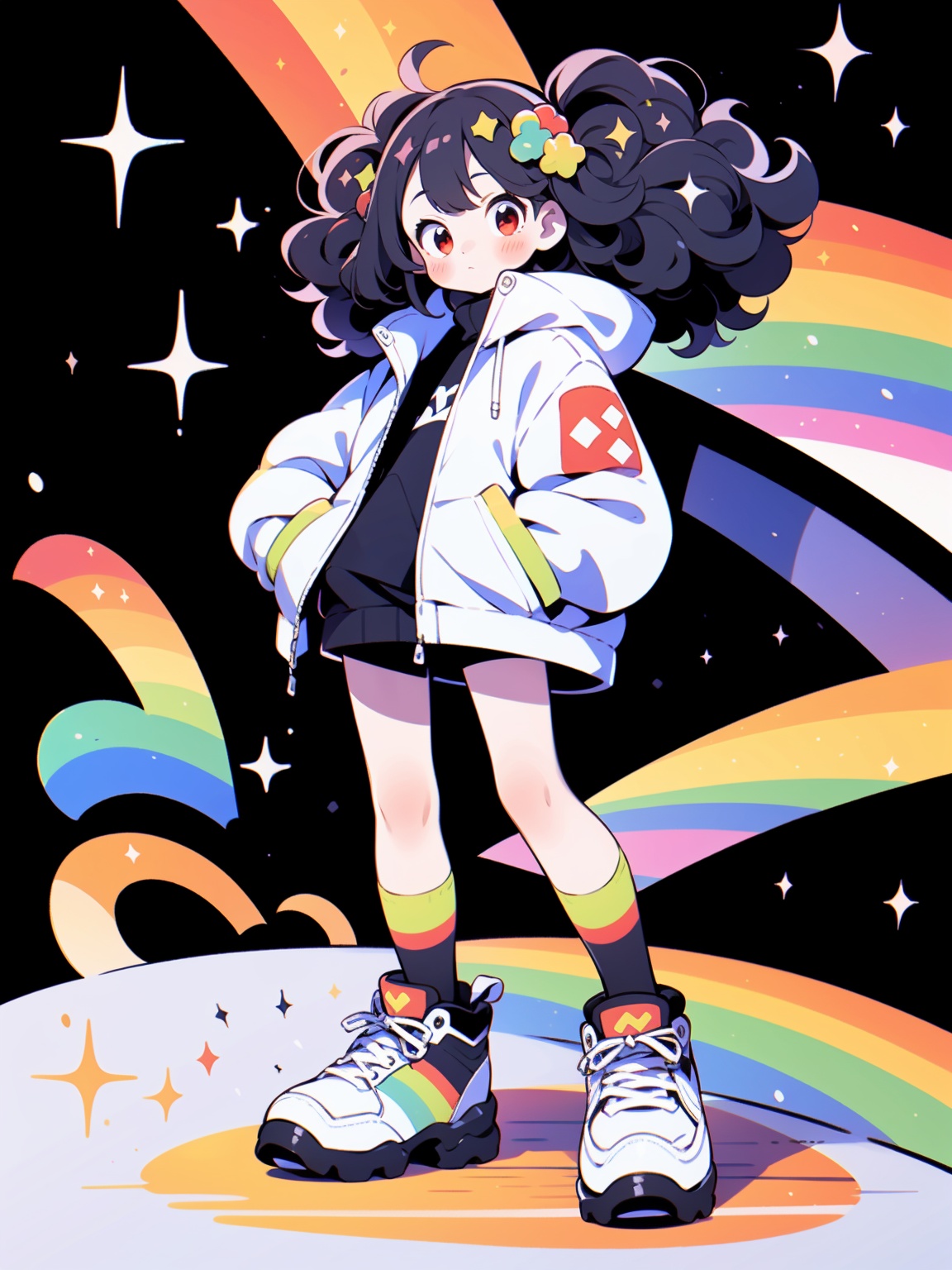 HTTP, 1girl, solo, jacket, shoes, black hair, white jacket, red eyes, full body, long sleeves, standing, hair ornament, blush, sparkle, sneakers, looking at viewer, big hair, black socks, rainbow, socks<lora:HTTP_20231126194709-000006:1>