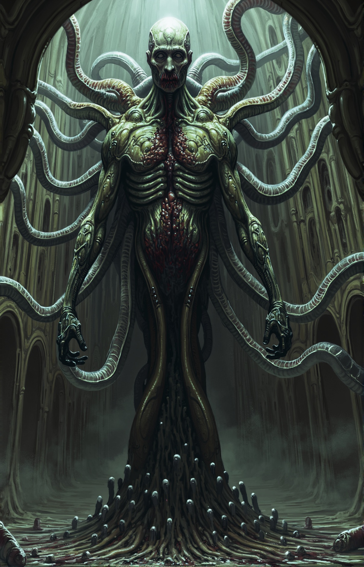 Colossal biomechanical nightmare entity emerging from shadows in abandoned flesh-metal cathedral,  twisted fusion of multi...