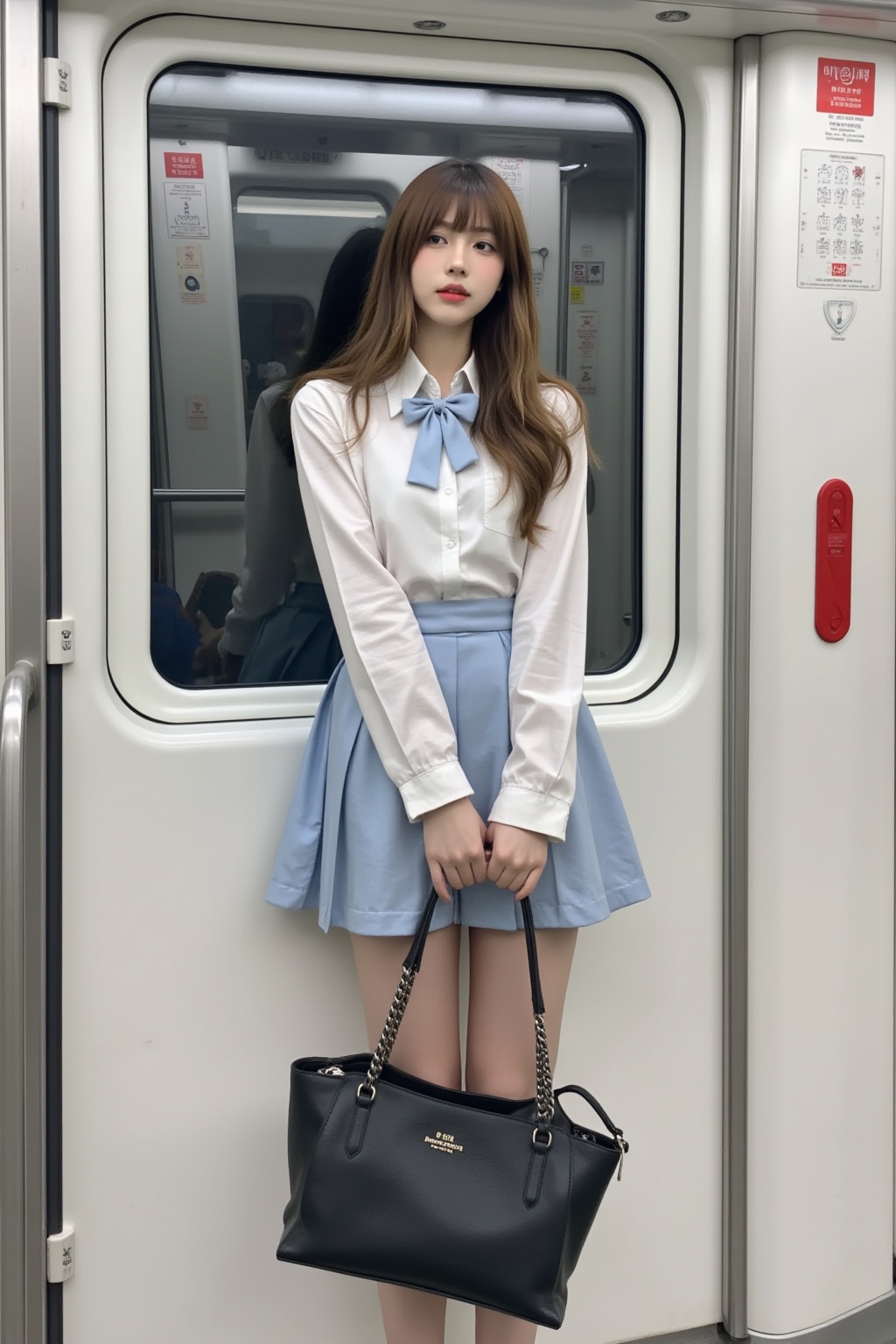 A woman is standing inside of a train. She is wearing a white shirt and a blue skirt. The woman is holding a black purse in her hand. The train doors are white and there is a red sign on the wall.