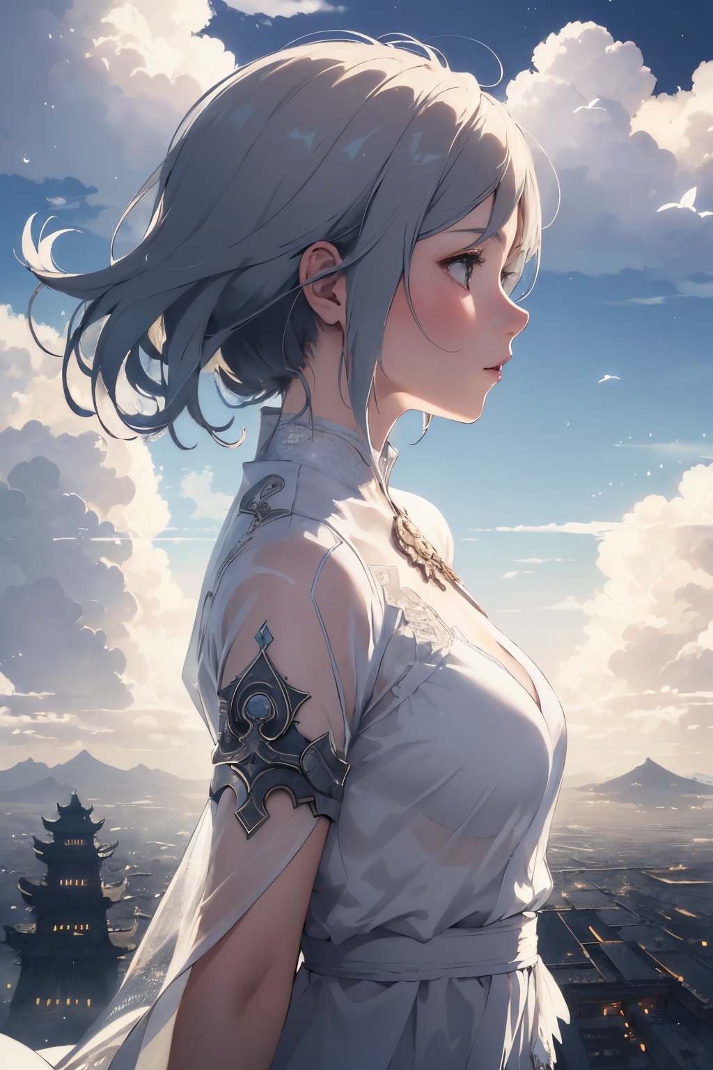 (1girl,(upper body),(double exposure of ancient sky city and cloud:1.25),multiple exposure,highly detailed,by wlop),from side,//,1girl in a white dress made of cloudy wind,white wings,fantastic wind,flowing cloud,cloud sea,