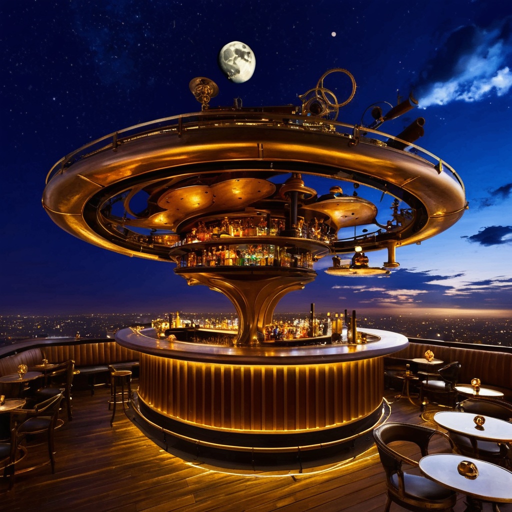 skybar,<lora:20240705-1720127504546:0.6>,rooftop bar,steampunk decoration,mechanical future,machinery floating in the air above the bar,sky,moon,sky,night,sky,cloud,balcony,open air,starry_sky,exaggerated artistic modeling,masterpiece,best picture quality,