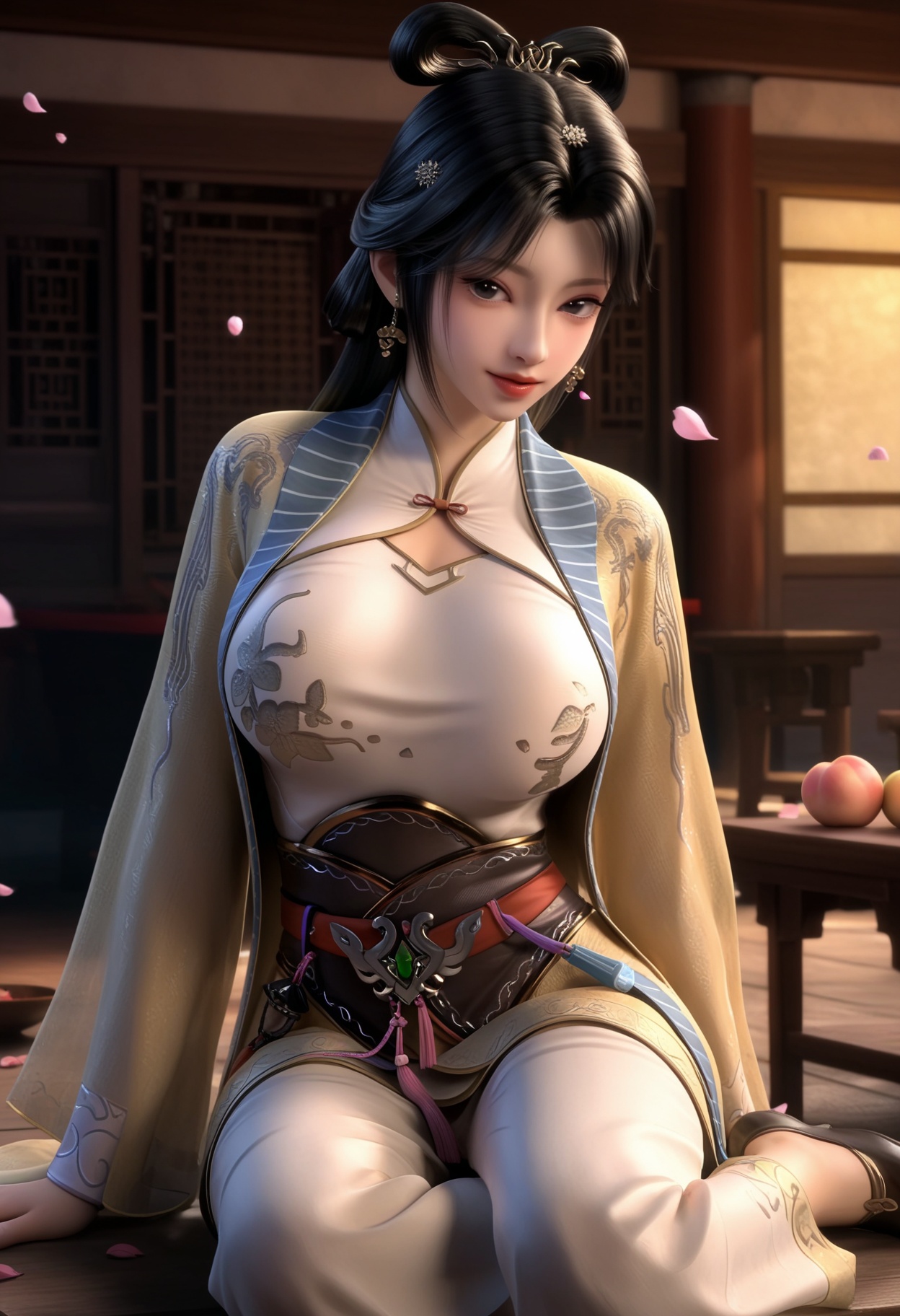 masterpiece,best quality,amazing quality,high resolution,ultra-detailed,absurdres,(looking at viewer:1.1),(Dark room:1.3),(moody lighting:1.1),peach blossom,falling petals BREAK large breasts,hanxiangxiu,1girl,solo,long hair,black hair,chinese clothes,dress,jewelry,hair ornament,realistic,earrings,black eyes,long sleeves,hair rings,shoes,sitting BREAK photorealistic details,<lora:QQSillhanxiangxiuV1:0.8>,