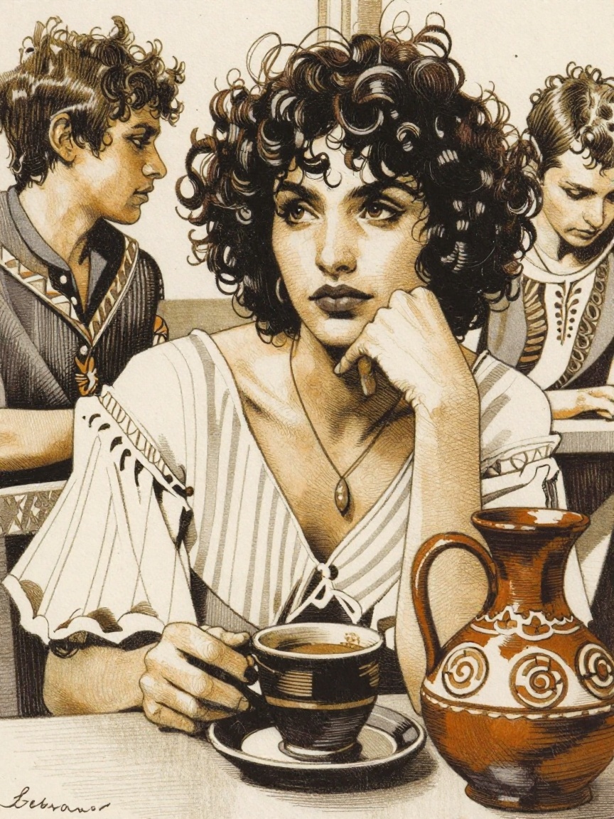 Kaljedef art style: A richly detailed illustration featuring a woman with voluminous dark curly hair resting her chin on h...