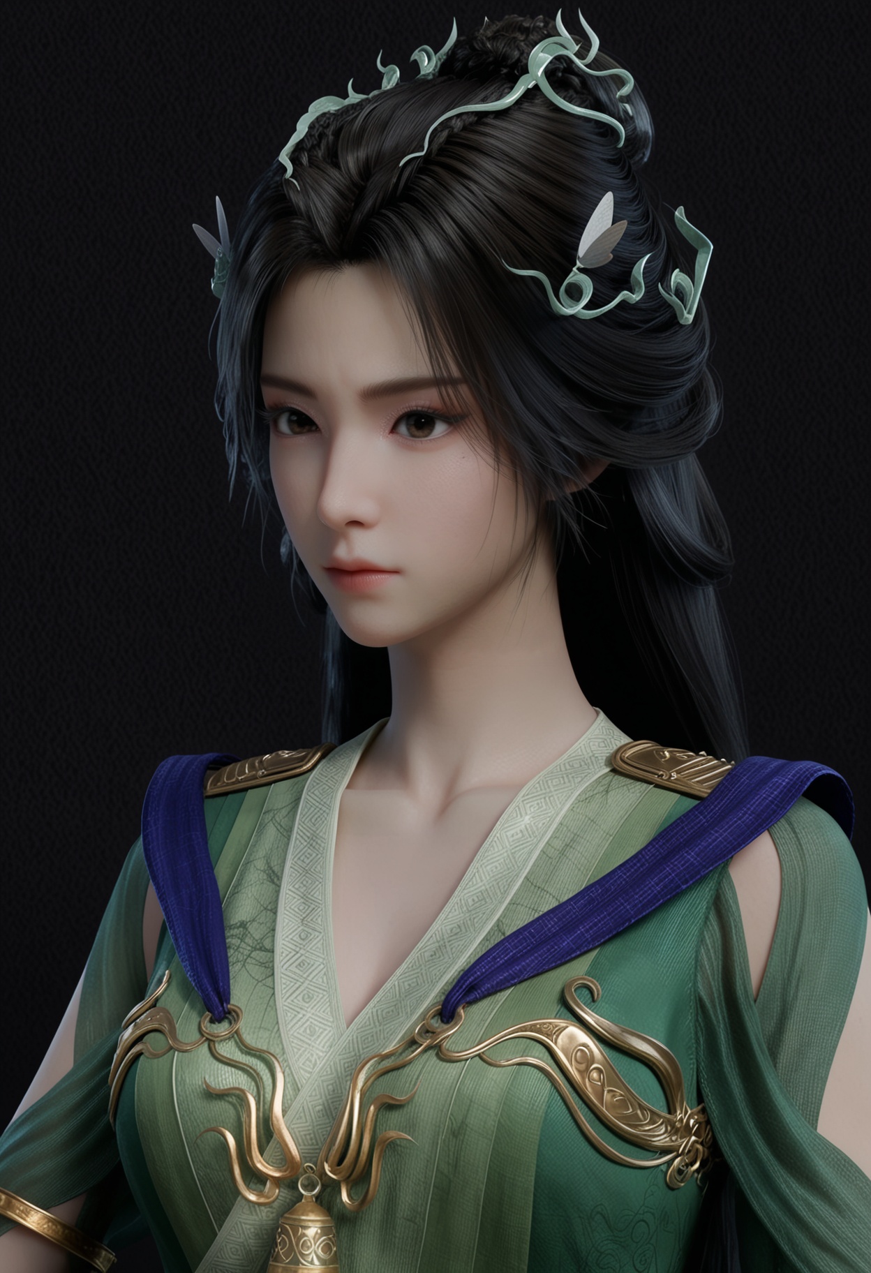 score_9,looking_at_viewer,upper body,(large breasts:0.8),hanyunzhi,1girl,solo,black hair,long hair,hair ornament,green dress,realistic,dress,closed mouth,jewelry,bracelet,chinese clothes,sash,expressionless,brown eyes,hair bun,boots,(simple background,pure black background,black background:1.1),perfect_anatomy,<lora:QQSponyhanyunzhiV1:0.8>,