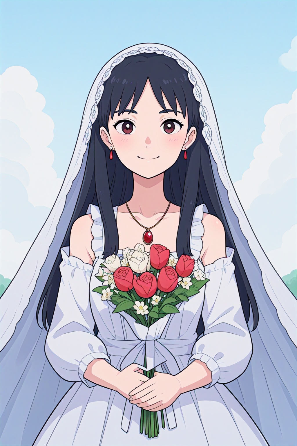 21,21,Ghibli style animated character, long haired female wearing a white veil decorated with a giant bow. She has soft black hair, big bright eyes, flushed cheeks and a sweet smile. She wore a white dress with a simple floral pattern and ruffled shoulders. She wears a thin necklace around her neck with a red pendant and small earrings in her ears. She held a bouquet of white flowers, including tulips, roses and small white flowers. The background is open fields with green vegetation and blue sky and white clouds in the distance. The overall color of the picture is bright and the atmosphere is romantic and warm.