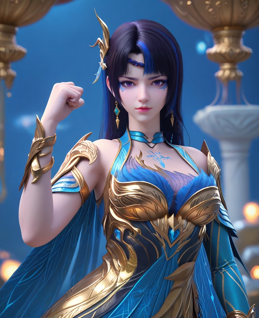 (oriental architecture, elegant decor, sophisticated style:1.1),Fist Pump, One fist raised triumphantly in the air,,(breasts:1.2),<lora:XL16大主宰九幽:0.95>,miss jiuyou,armor,boobplate,purple eyes,braid circlet,makeup,black hair,blue streaked hair,long hair,hair ornament,sternum tattoo,rerebrace,left hand single glove with blue,blue wings cape,blue lower leg decoration,, zPDXL2, score_9, score_8_up, score_7_up BREAK realistic, masterpiece,best quality, highly detailed,, zPDXL3, zPDXL2,zPDXL, zPDXLxxx, zPDXLrl,