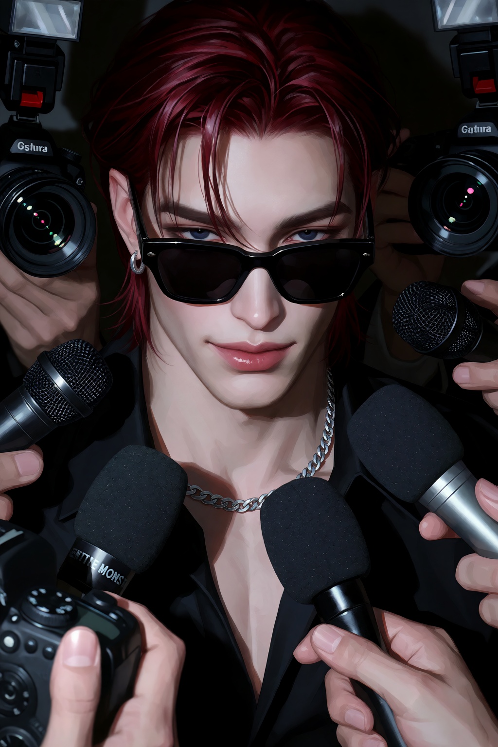 A handome man with dark red,  shoulder-length parted hair,  sleek Gentle Monsters black sunglasses on Tensor.Art